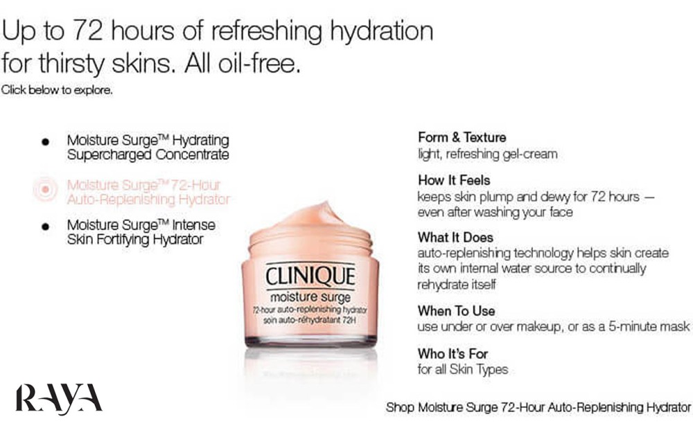 ژل آبرسان 72 ساعته مویسچر سرج کلینیک حجم 7 و 30 و 50 و 75 میلی لیتر ساخت آمریکا Clinique Moisture Surge 72-Hour Auto Replenishing Hydrator